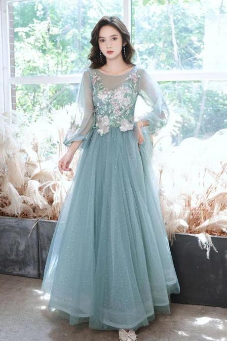 Round Neck Green Tulle Lace Long Prom Dresses