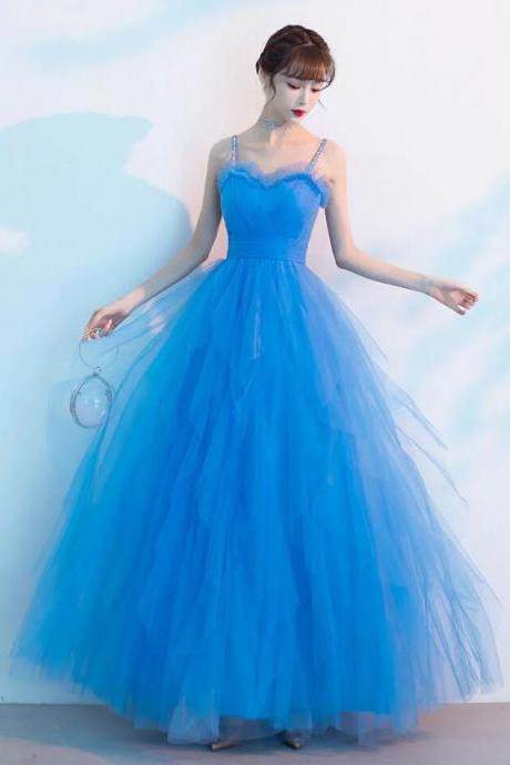 Sweetheart Neck Blue Tulle Long Prom Dresses