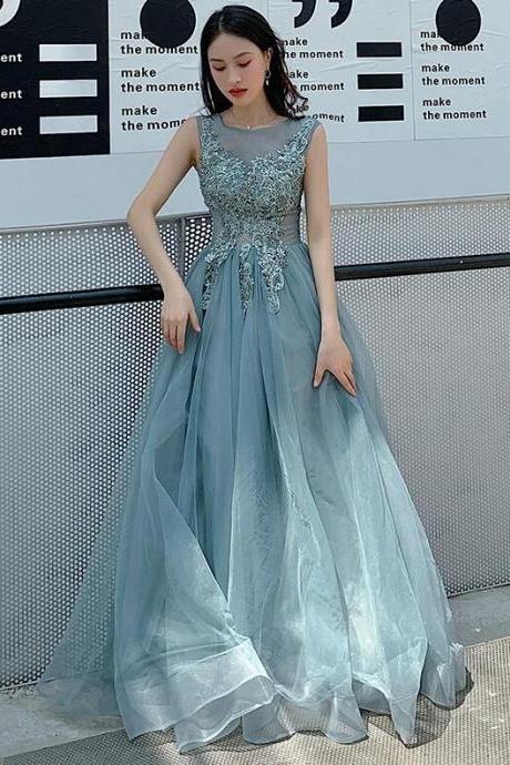 Floor Length Blue Tulle Lace Long Prom Dress, Evening Dress
