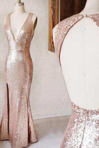 Pretty Sparkly Sheath Floor Length Deep V Neck Sleeveless Sequin Prom Dresses