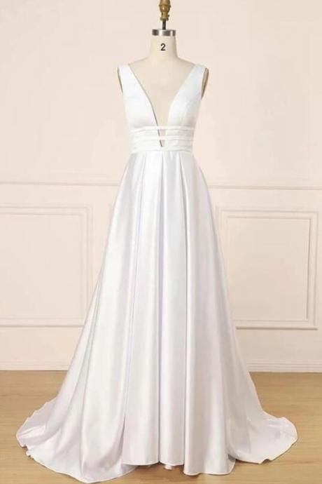 Elegant Ivory V-neck Satin Prom Dresses With Pockets