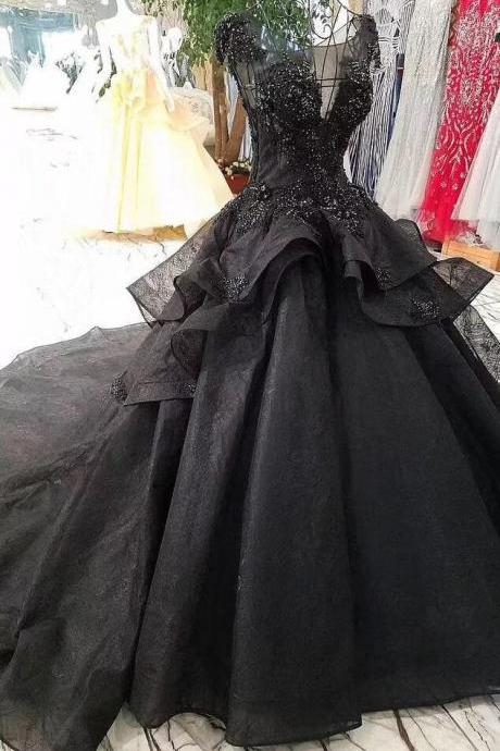 Cap Sleeves Ball Gown Black Long Party Dresses With Beads
