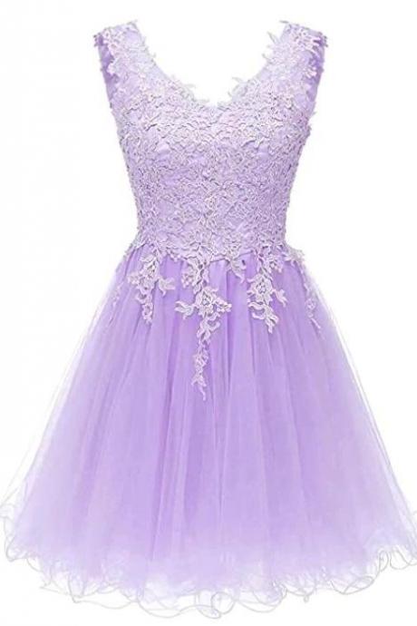 Lavender Tulle Short Homecoming Dress Lace Applique