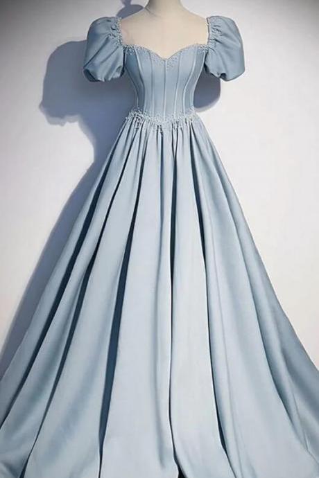 Light Blue Satin Long Prom Dress With Short Sleeves