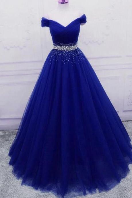 Elegant A Line Royal Blue Tulle Sequins Prom Dresses