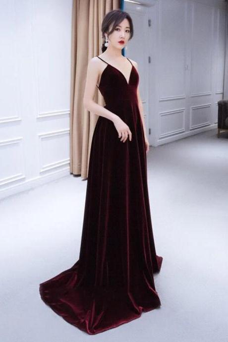 Beautiful Straps V-neckline Wine Red Velvet Prom Dresses