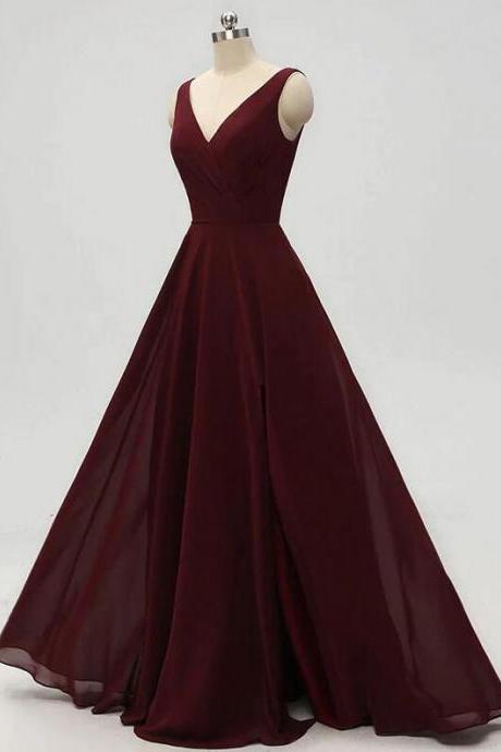 Simple A-line V-neck Burgundy Chiffon Prom Dresses