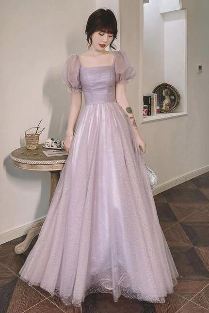 A Line Purple Tulle Long Prom Dress Evening Dress