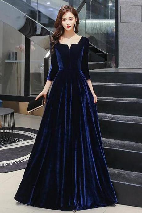 A-line Simple Navy Blue Velvet Long Style Prom Dresses