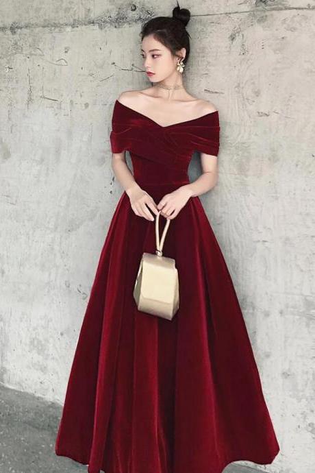 Elegant A-line Velvet Burgundy Long Party Dress, Evening Dress