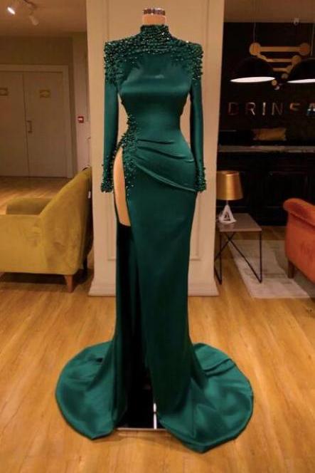 High Neck Green Long Sleeve Prom Dresses With Pearls