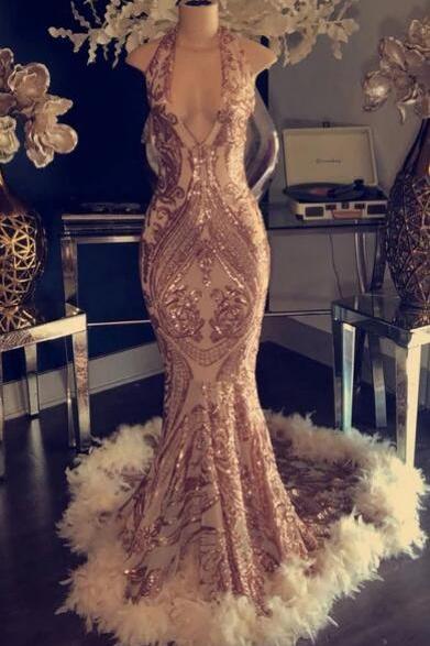 Gold Prom Dresses, Champagne Sequin Prom Dresses, Feather Prom Dresses