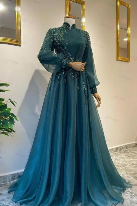 Elegant Teal Long Sleeve Muslim Formal Dresses Tulle Lace Prom Dresses