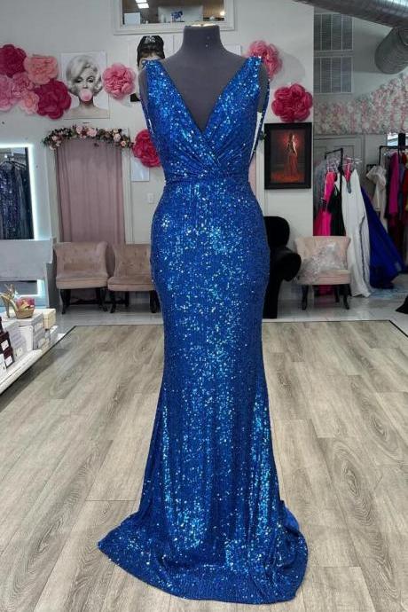 Mermaid Royal Blue Plunging V Neck Sequins Long Prom Dress