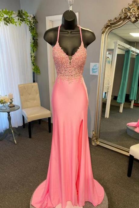 Sexy Coral Straps Appliques Plunging V Neck Long Prom Dress With Slit