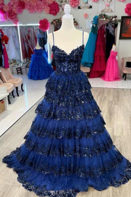 Mermaid Navy Blue Floral Multi-layers Sequined Long Prom Dress