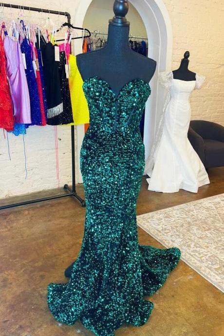 Mermaid Hunter Green Strapless Sequins Long Prom Dress