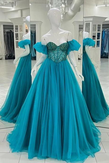 A-line Off-the-shoulder Beaded Tulle Long Prom Dress