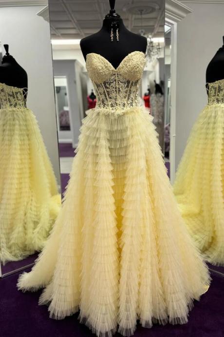 Strapless A-line Yellow Lace-up Floral Multi-layers Long Prom Dress