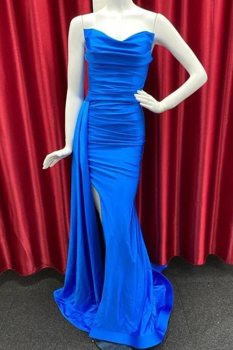 Royal Blue Cowl Strapless Satin Long Prom Dress With Slit