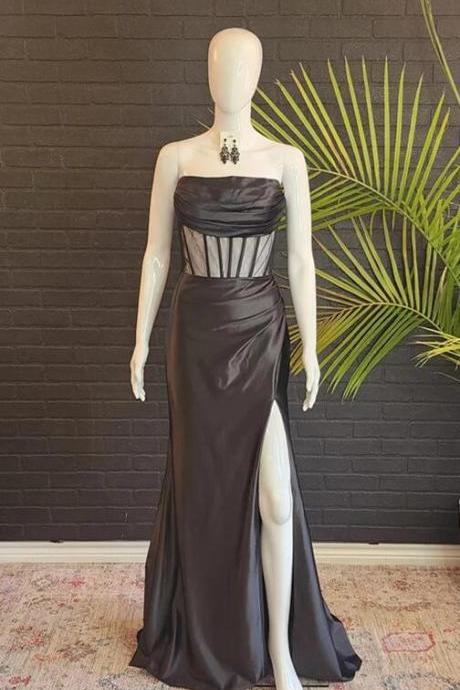 Strapless Mermaid Black Satin Long Prom Dress With Slit