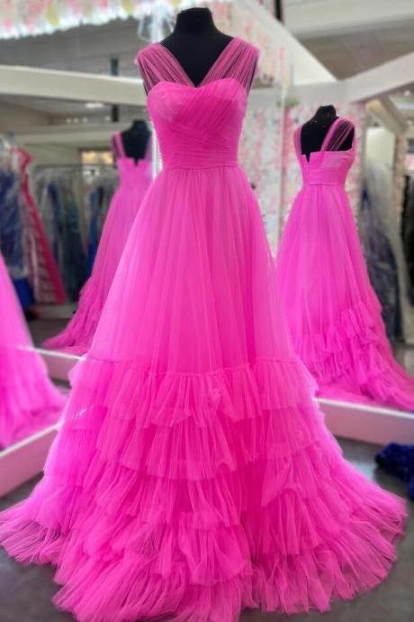 Pink Illusion Strapless A-line Layers Tulle Prom Dress