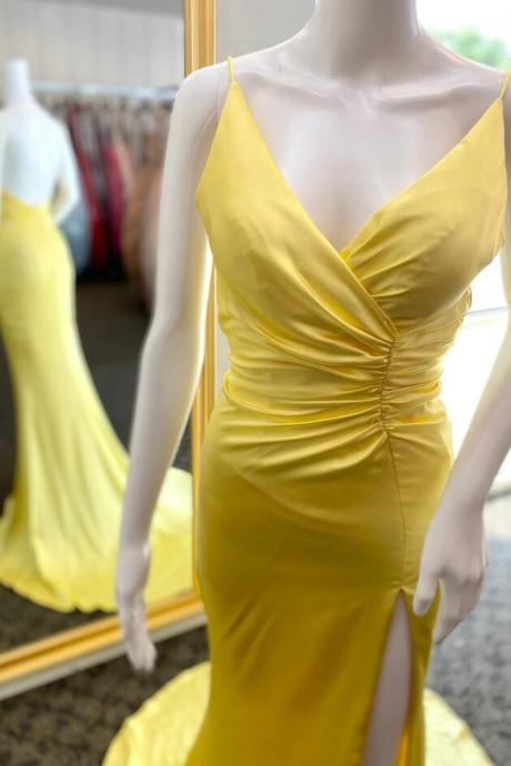 Mermaid Yellow Surplice Pleated Satin Long Prom Dress With Slit