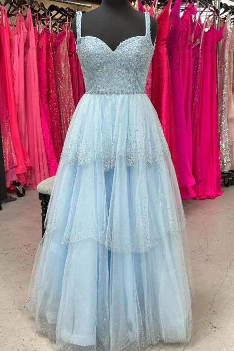 Straps Light Blue Sweetheart Beaded Long Prom Dress