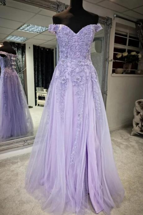 Off-the-shoulder Lilac Appliques Tulle Long Prom Dress With Slit