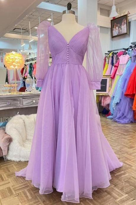 Lavender Tulle V Neck Illusion Neck Long Prom Dress