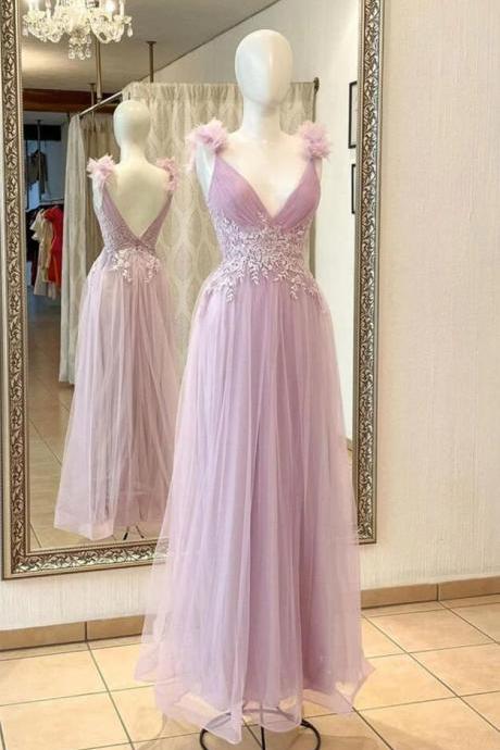 Deep V Neck Flowers Pleated Pink Appliques Long Prom Dress