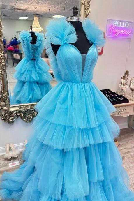 A Line Blue Tulle Ruffles Multi-layers Plunging V Neck Prom Dress