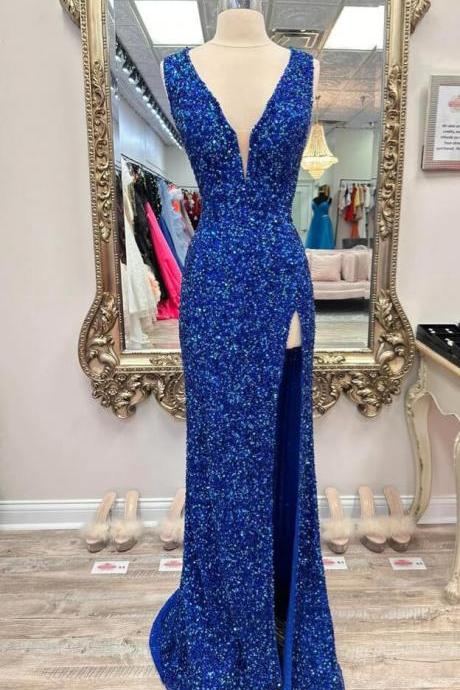 Deep V Neck Royal Blue Sequins Lace-up Long Prom Dress With Slit