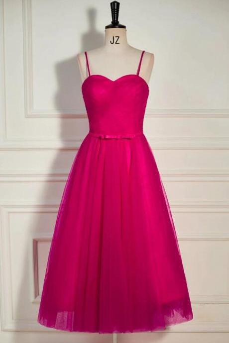 A-line Tea-length Fuchsia Straps Tulle Prom Dress