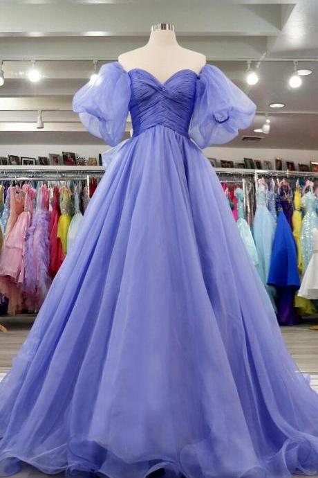 Off-shoulder Lavender Tulle A-line Puff Sleeves Pleated Long Prom Dress