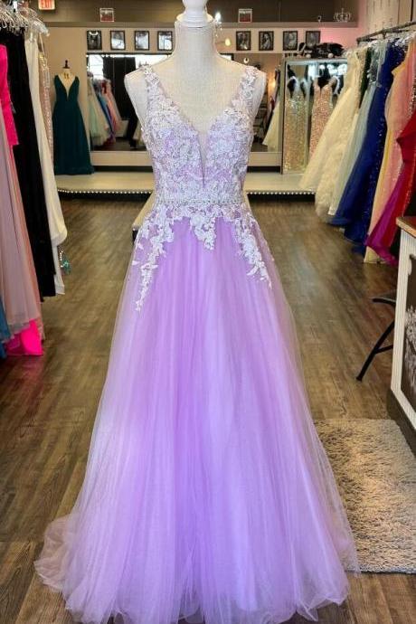 A-line Beaded Appliques Sleeveless Plunging V Neck Lilac Tulle Prom Dress
