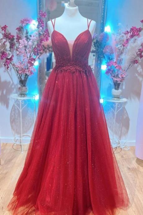 A Line Red Plunging V Neck Double Straps Appliques Pleated Long Prom Dress