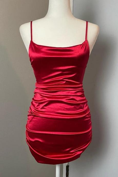 Sexy Sheath Straps Red Satin Homecoming Dress
