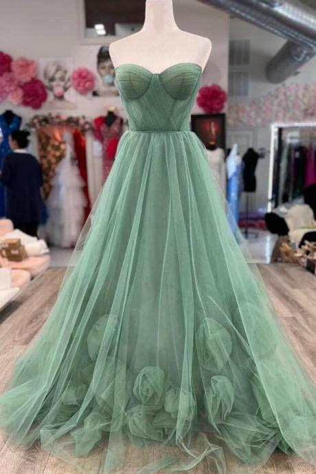 Strapless A-line Green Long Prom Dress With 3d Flowers