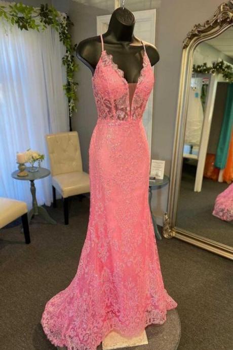 Pink Floral Lace Mermaid Long Formal Dress