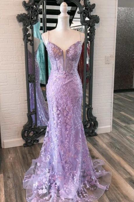Lavender Floral Appliques Mermaid Long Split Prom Dresses