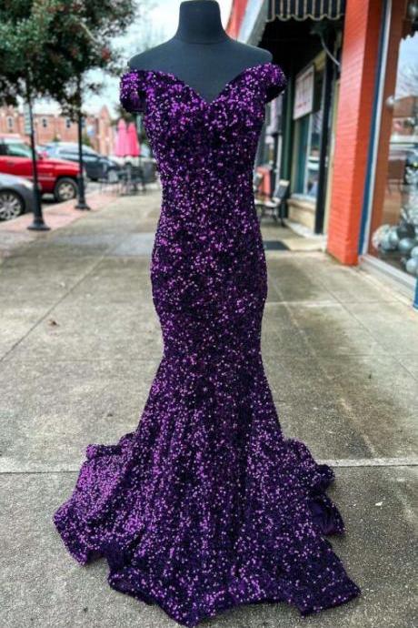 Off-the-shoulder Lace-up Purple Sequin Long Prom Dress