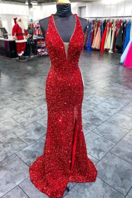 Mermaid Red Sequin Plunge V Backless Long Prom Dress With Slit