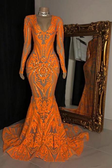 Sparkly Elegant Modest Orange Glitter Prom Gown