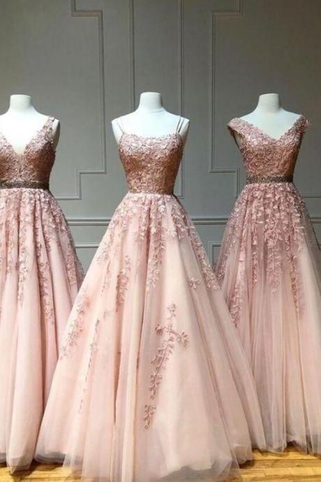 Elegant A Line Dusty Pink Prom Dresses Long Lace Applique