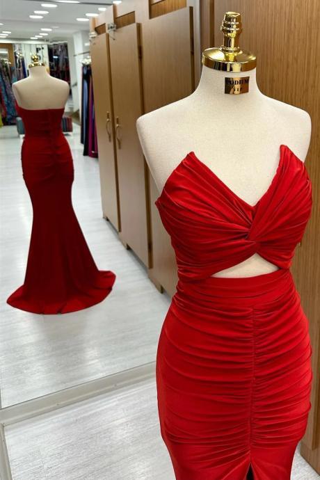 Mermaid Red Strapless Twisted Long Formal Prom Dress With Slit