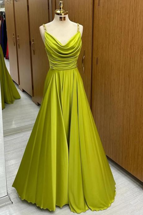 Strap A-line Olive Green Cowl Neck Long Prom Dresses