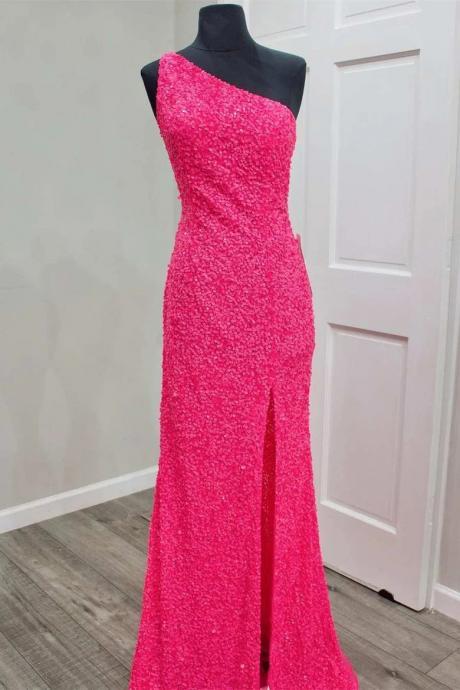 Glitters Pink One Shoulder Sequins Prom Dress