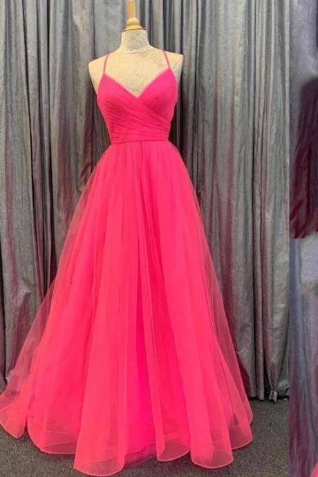 Hot Pink A-line Lace-Up Back Long Prom Dress