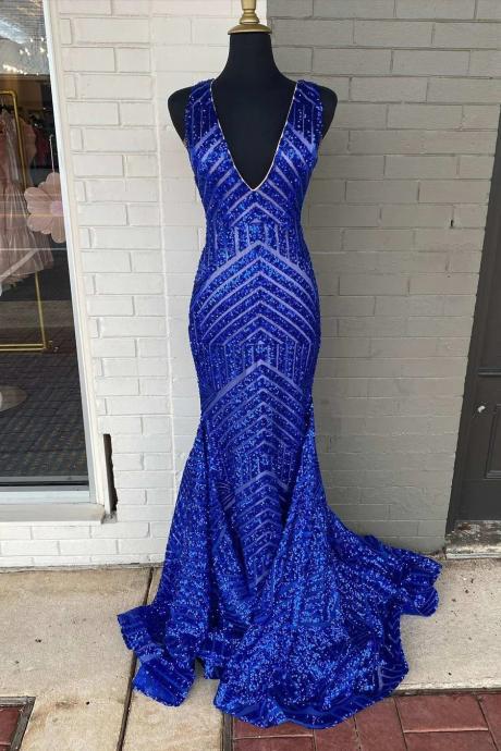 Mermaid V Neck Royal Blue Sequins Long Evening Dresses